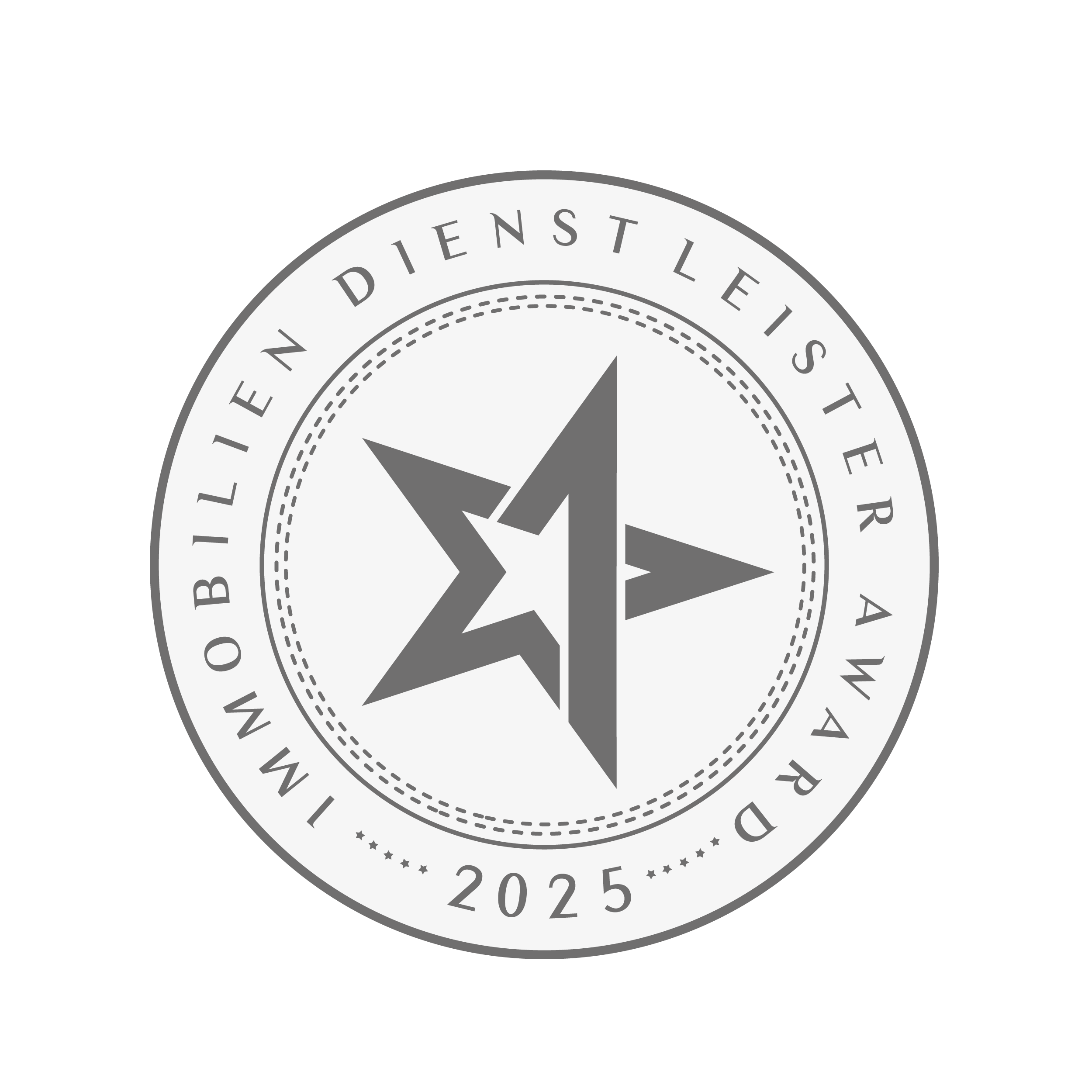 Rundes Siegel, Stern in Mitte, Schrift am Rand Immobilien Dienstleister Award 2022